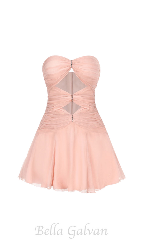 CUT-OUT PLEATED OFF-SHOULDER MINI DRESS IN PINK