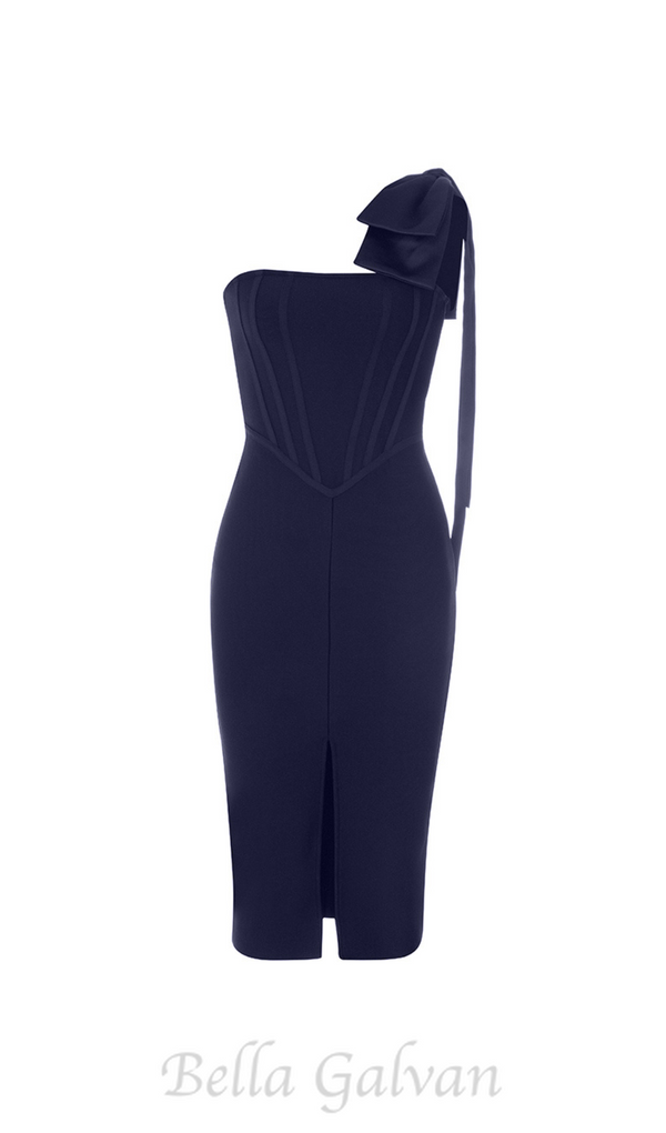 HEDDA TIE SHOULDER SPLIT BANDAGE DRESS IN NAVY