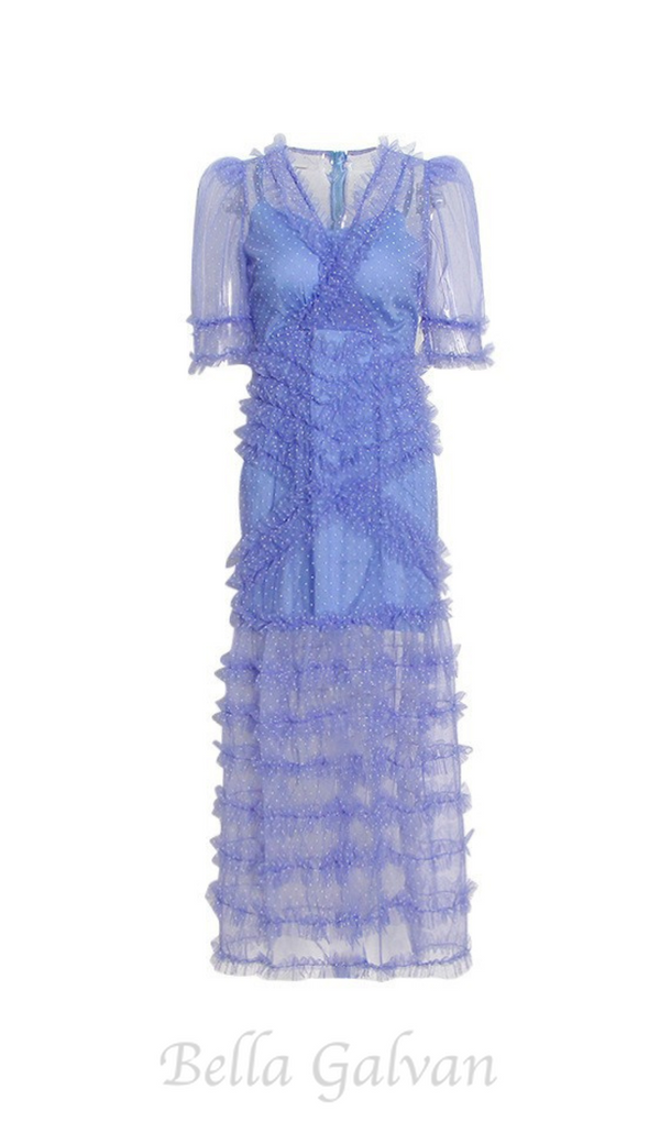 v-neckline tiered mesh gown in blue