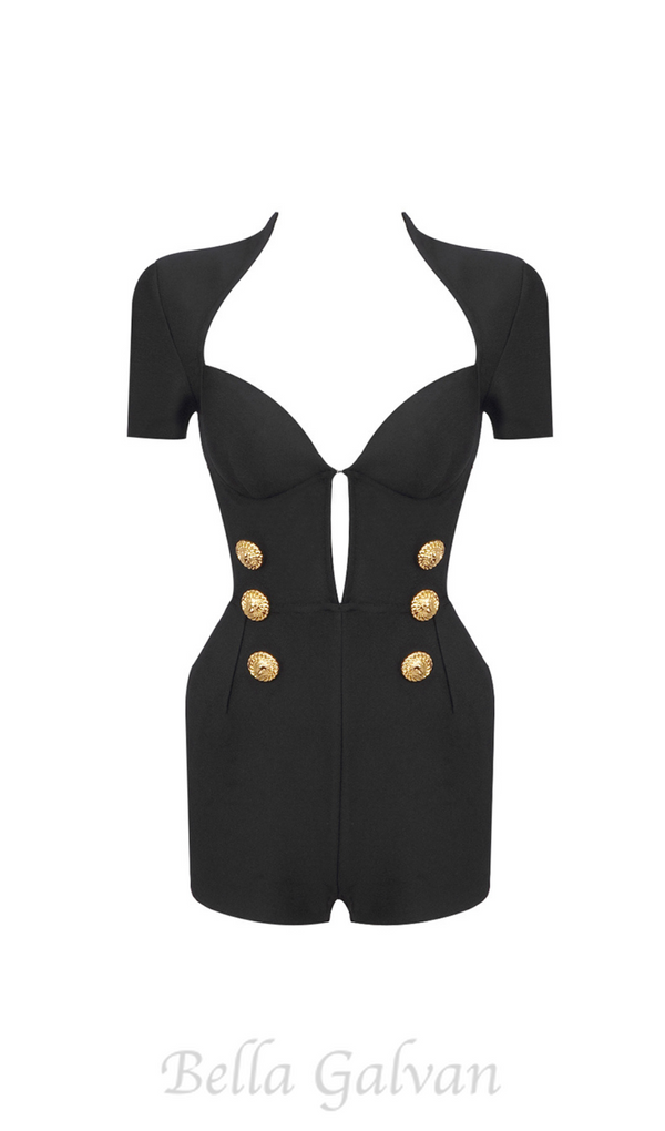 BLANCHE V NECK BANDAGE BUTTONED PLAYSUITS IN BLACK