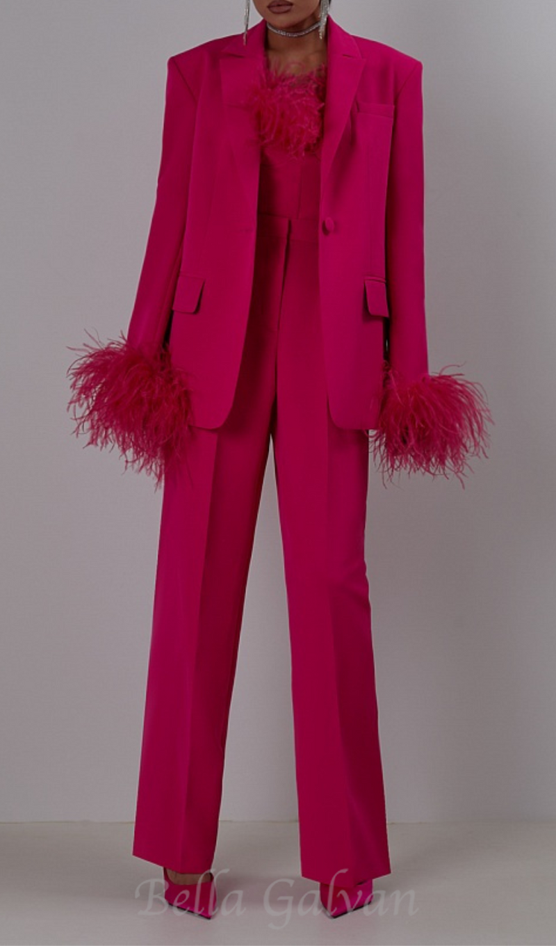 IRMA FEATHER TRIM BLAZER SUITS IN ROSE RED