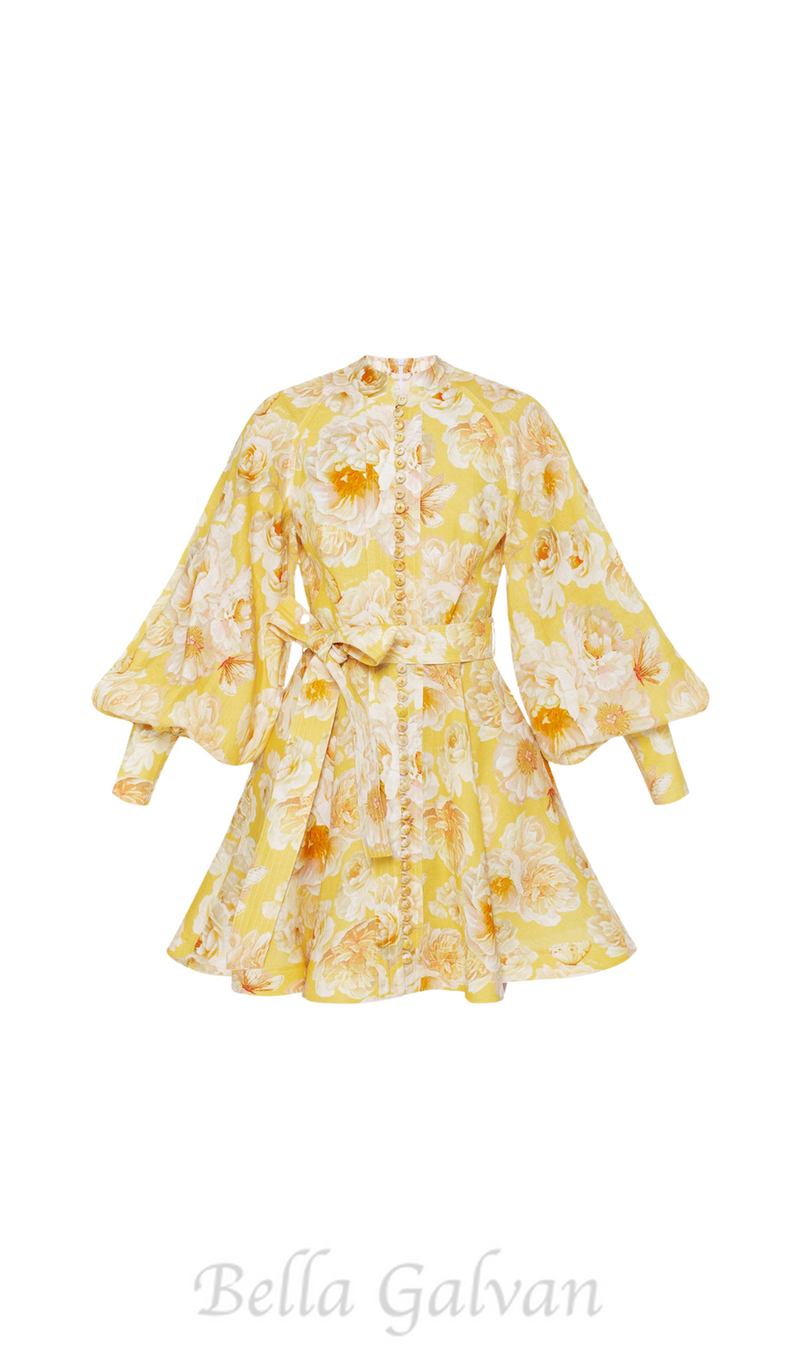 MONICA LANTERN SLEEVE FLORAL PRINT YELLOW MINI DRESS