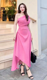 IRREGULAR ONE-SHOULDER MIDI DRESS IN HOT PINK