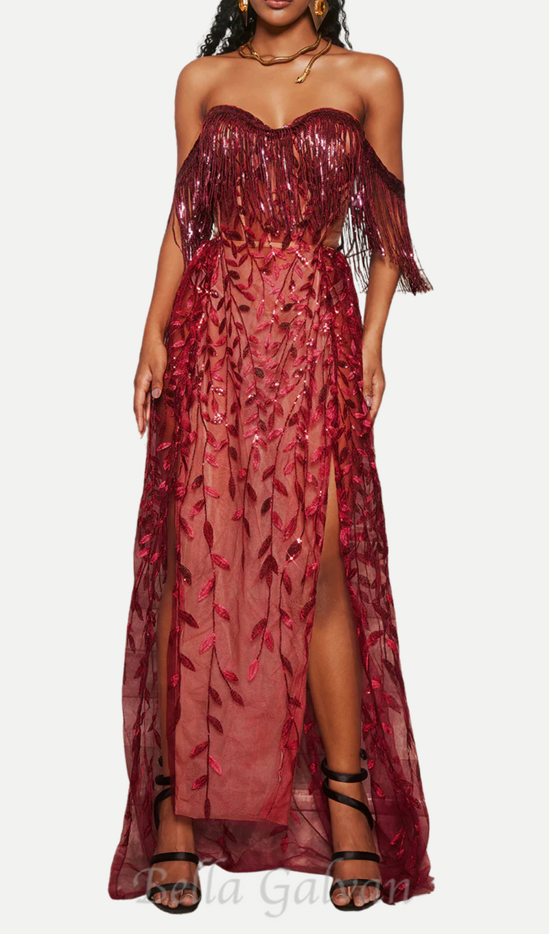 Codruta Strapless Leafy Fringe Maxi Dress In Wine