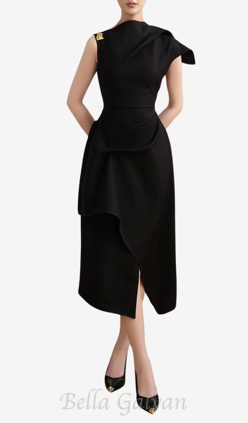 Calla Black Asymmetric Front Slit Twill Midi Dress