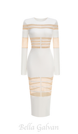 DORIS LONG SLEEVES MESH INSERT MIDI DRESS IN WHITE