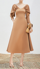 ODELIA V-NECK BROWN A-LINE MIDI DRESS