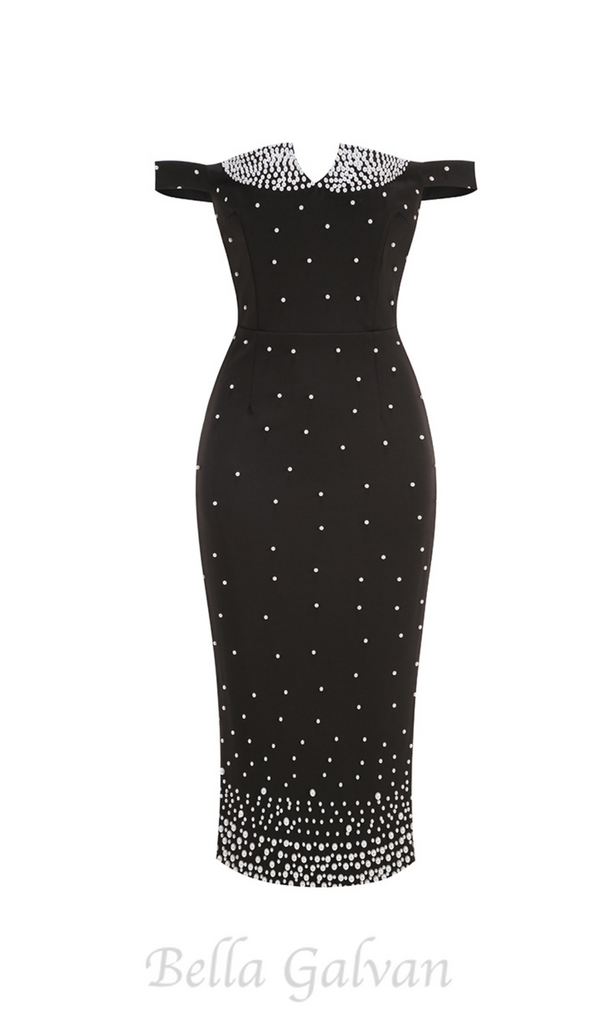 pearl polka dots embellished midi dress in black