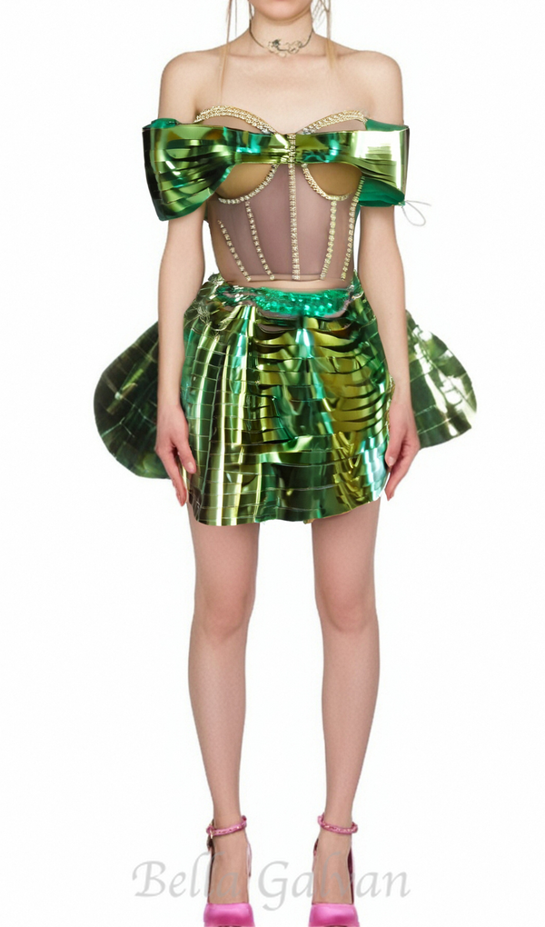 Crystal Metallic Skirt Set In Green