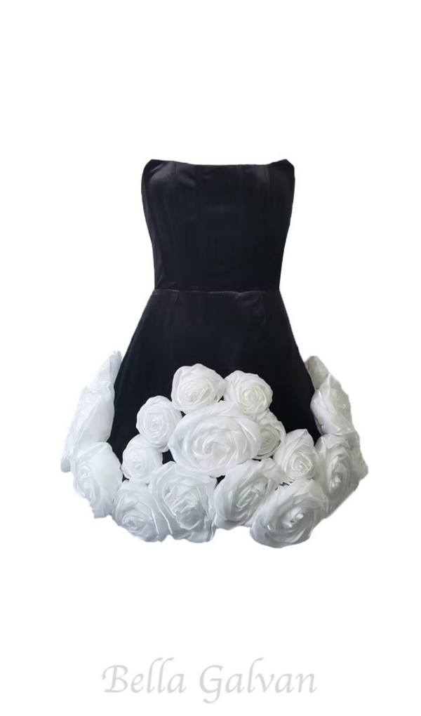 flower-embellished-hem black strapless mini dress