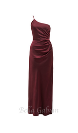 bordeaux one shoulder satin maxi dress