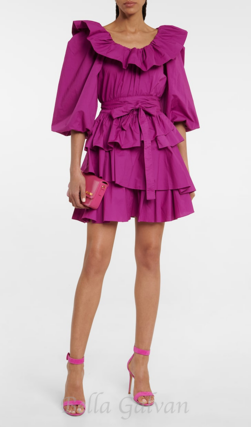 MURRAY PUFF SLEEVE RUFFLE LAYER MINI DRESS IN PURPLE