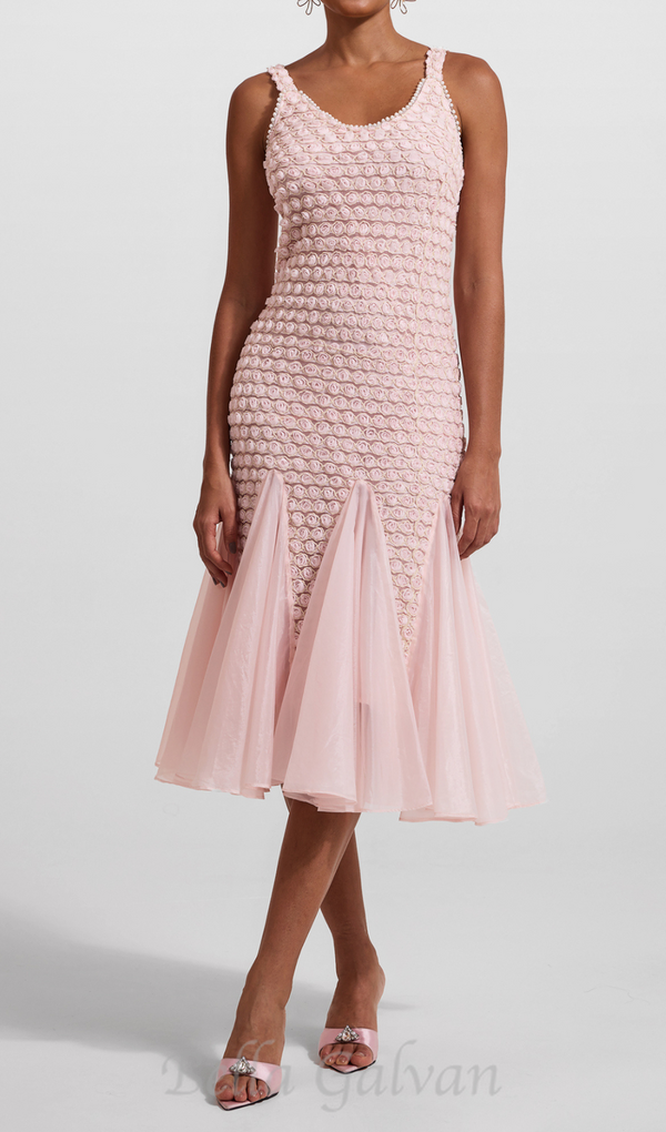 SYLVIA PINK EMBROIDERED SPLICING SLEEVELESS MIDI DRESS