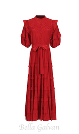 Lace ruffle trim layer midi dress in red