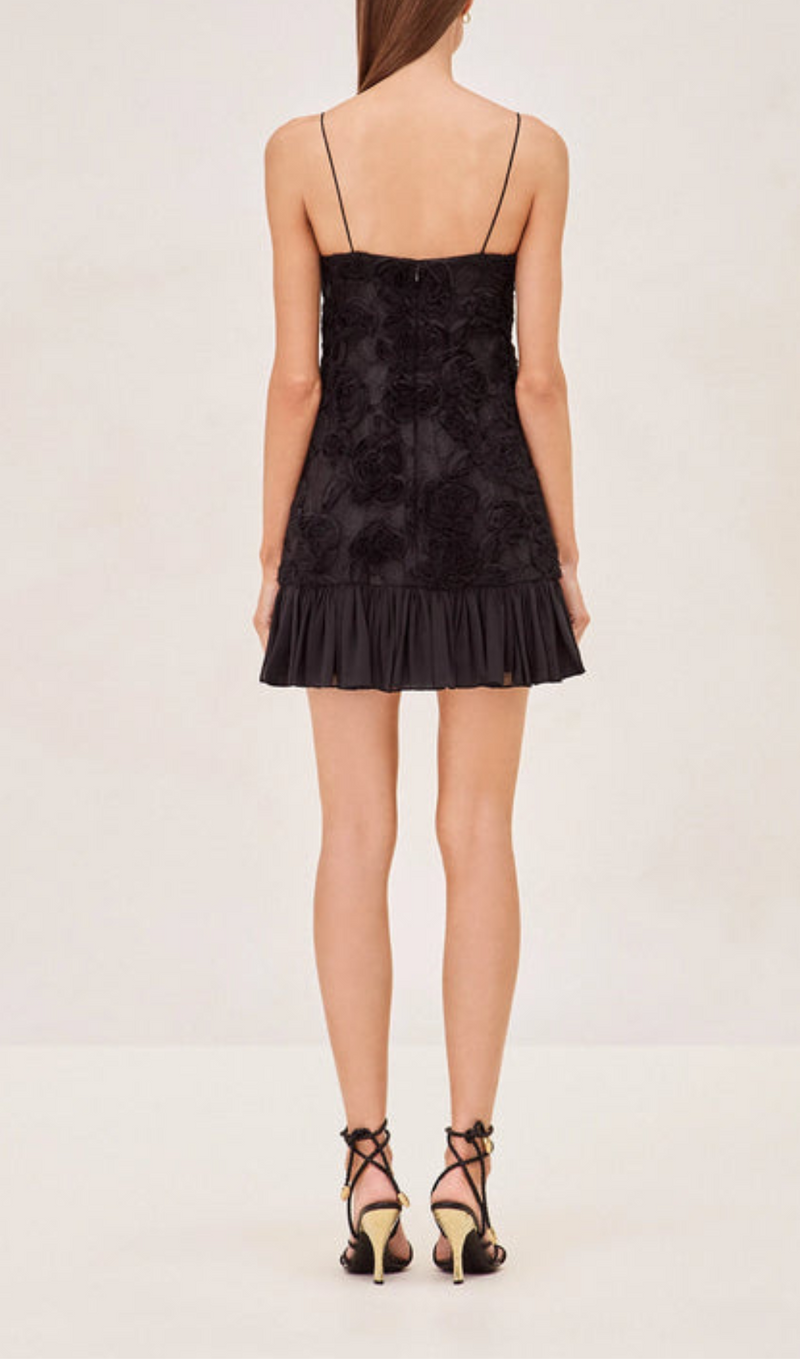 FLORAL APPLIQUÉ PLEATED HEM MINI DRESS IN BLACK