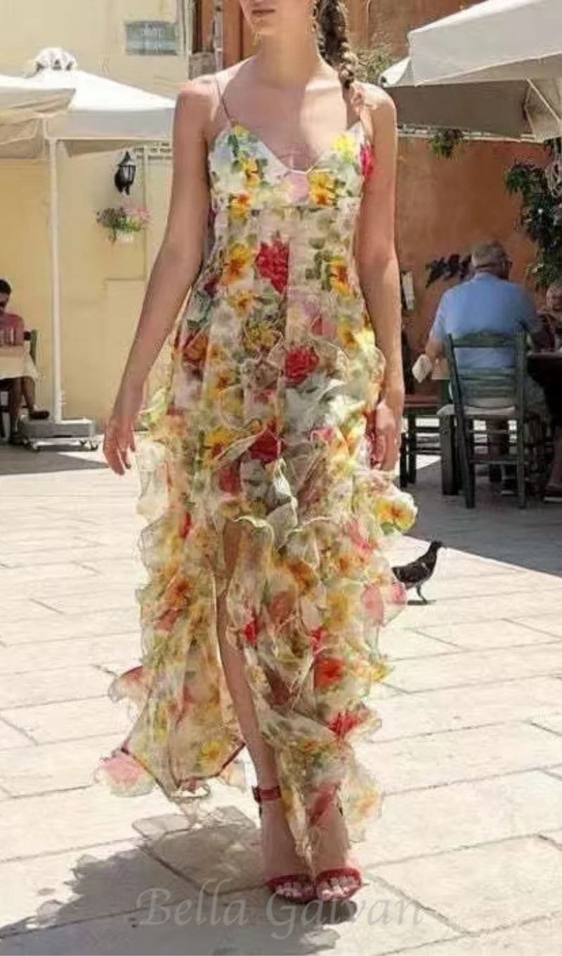 BELINDA YELLOW FLORAL VERTICAL RUFFLE TRIM MAXI DRESS