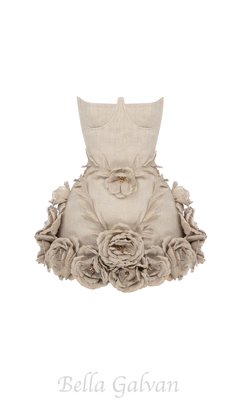 SALOME BEIGE LINEN CORSET FLOWER DETAILS MINI DRESS