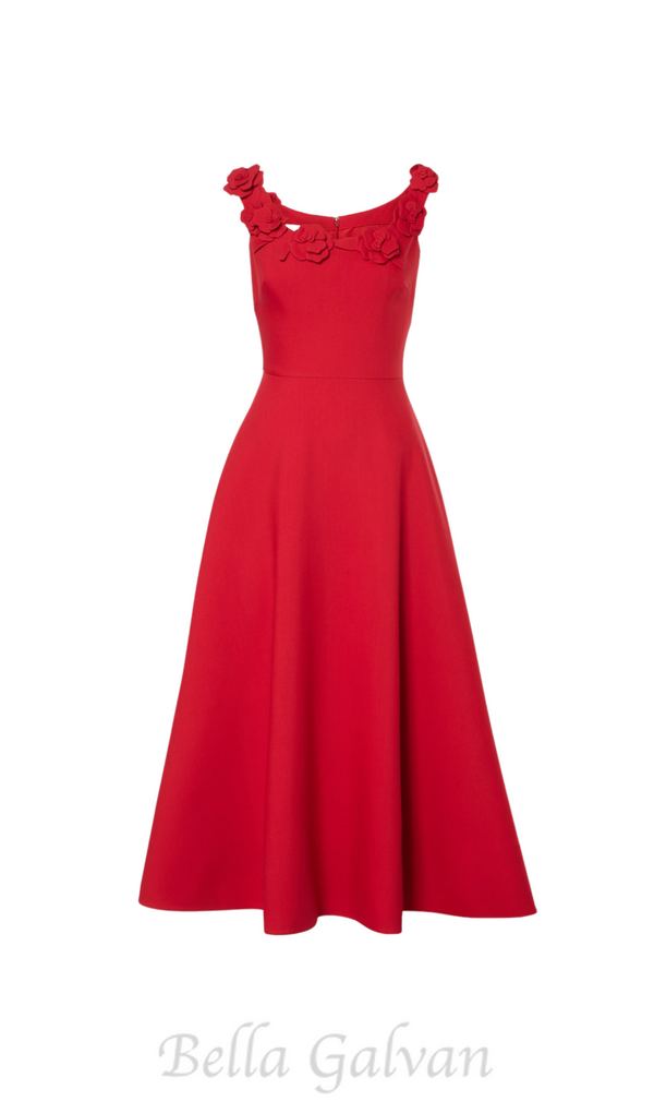 ULA EMBELLISHED FLORAL ROUND NECK MIDI DRESS IN RED