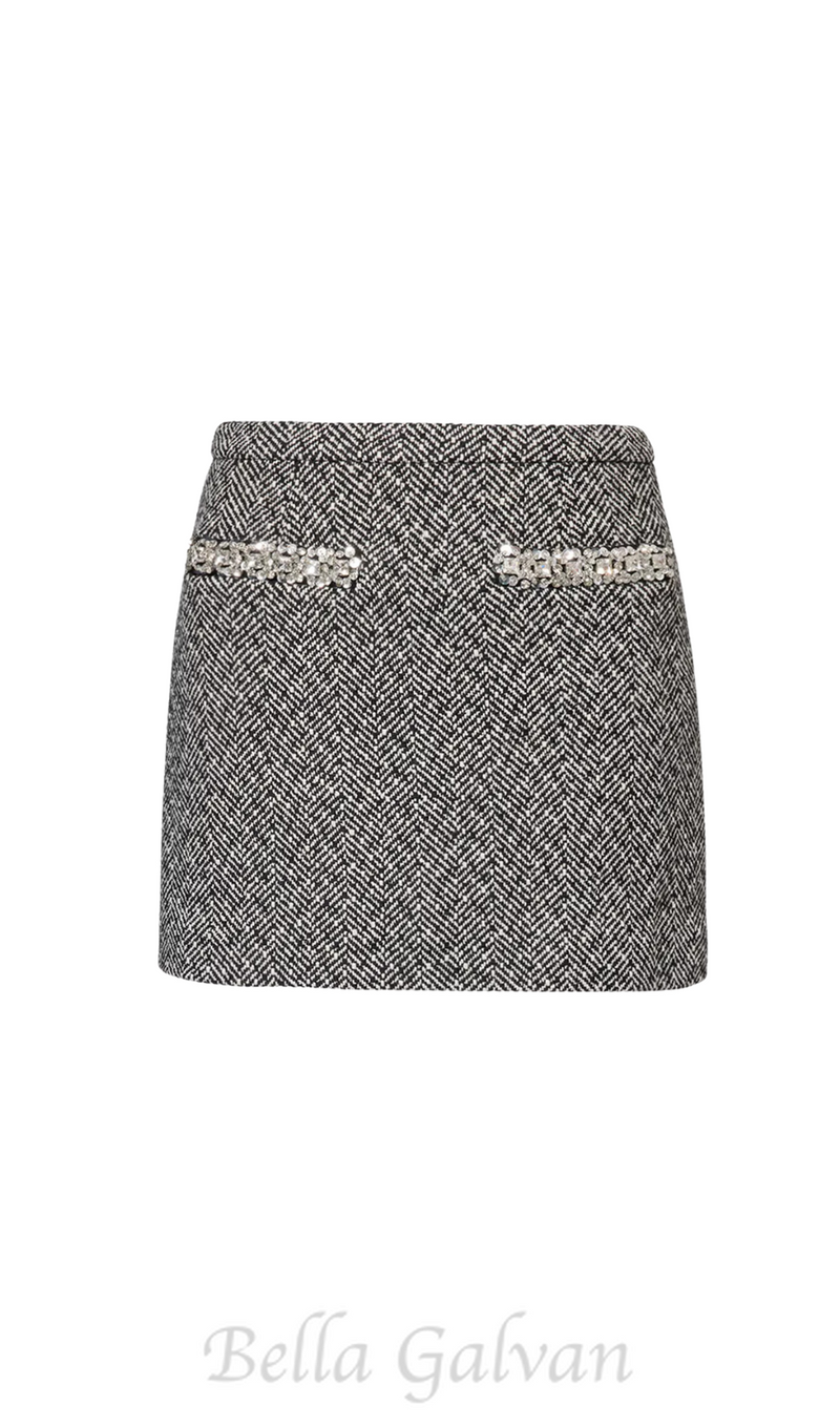 BERYL RHINESTONE -EMBELLISHMENT KNITTED MINI SKIRT IN BLACK