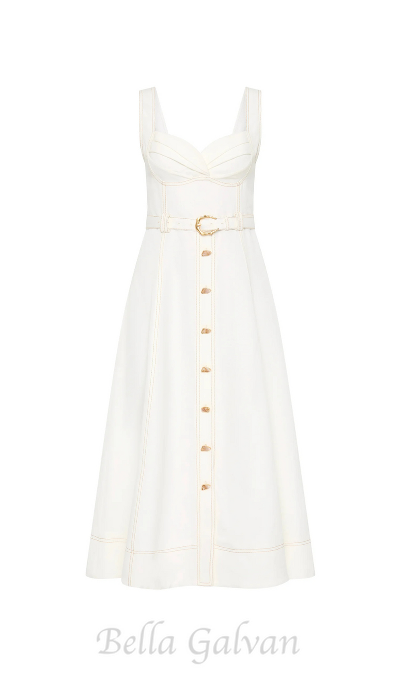 sweetheart neckline belted midi dress in ivory