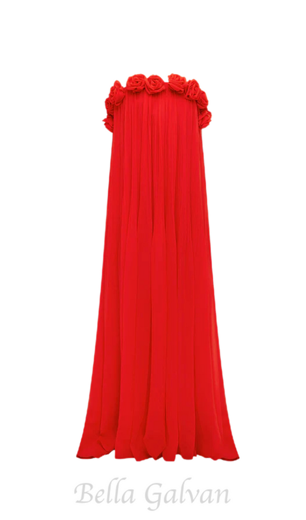 draped floor length dress in scarlet