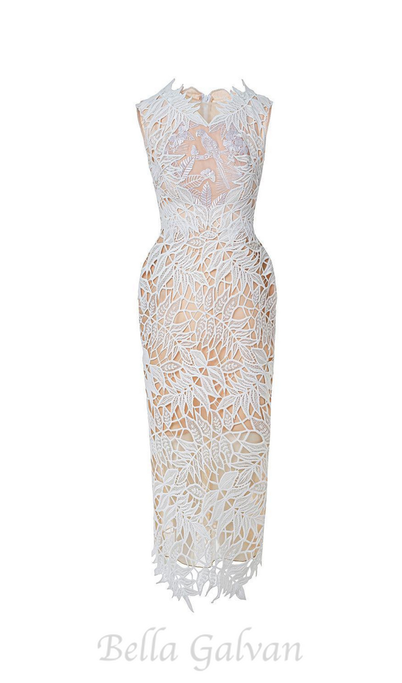 VANESSA SLEEVELESS LACE EMBROIDERED MIDI DRESS IN WHITE