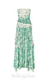 PRINT STRAPLESS CONTRAST MAXI DRESS IN GREEN