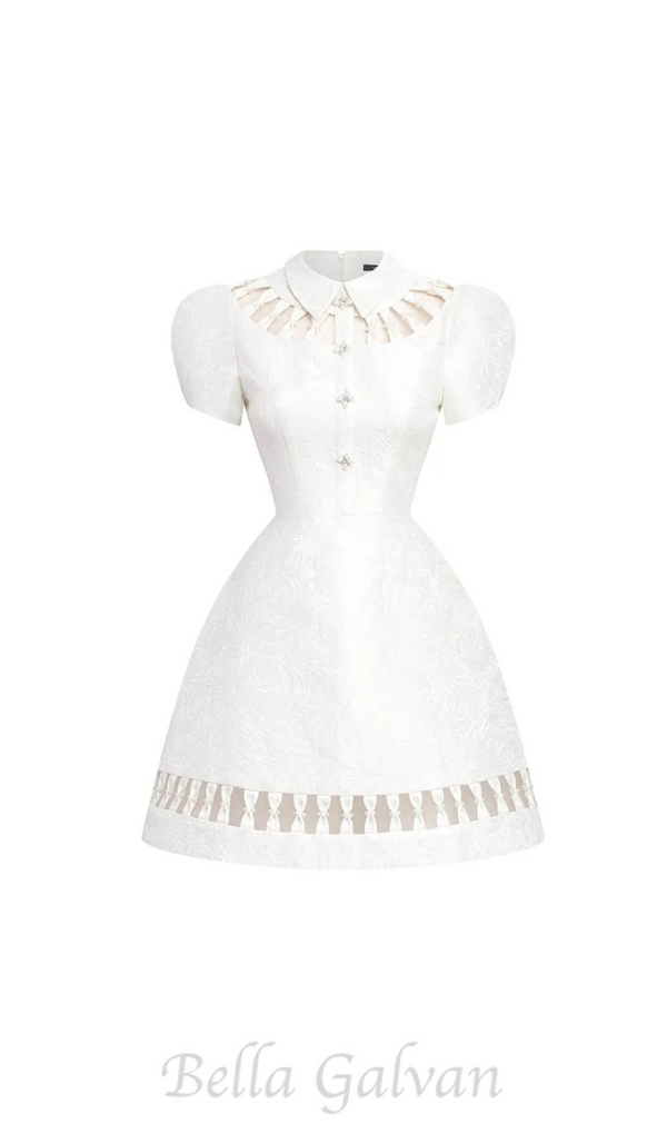 EARTHA WHITE PUFFY HOLLOW BROCADE MINI DRESS