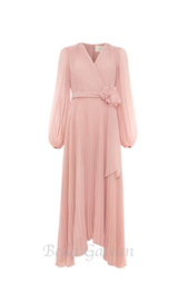 lantern sleeve pleated maxi dress in pale pink