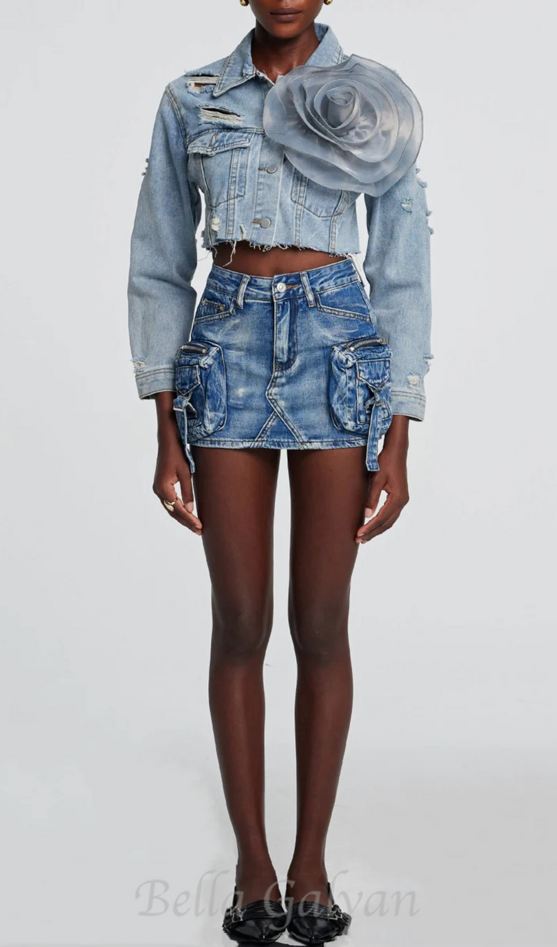 Alaiao Torn Flower Denim Jacket in Blue