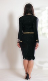 Black Tweed Blazer and Skirt Set with Gold Trim and Feather Detailing