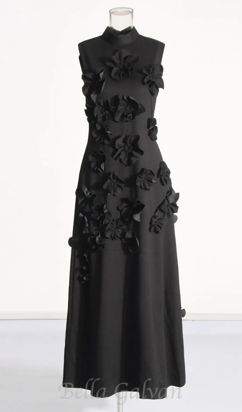 ANNONA BLACK FLOWER EMBELLISHED MAXI DRESS