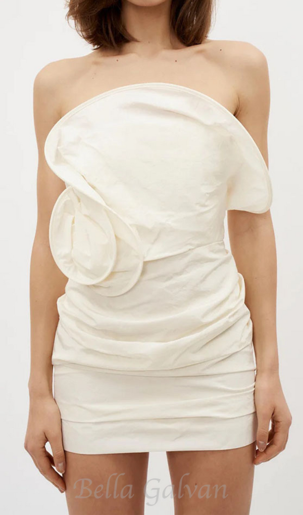 Strapless Ruffled Taffeta Mini Dress in White