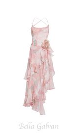 ZORA PINK FLORAL-PRINT RUFFLED SILK MIDI DRESS