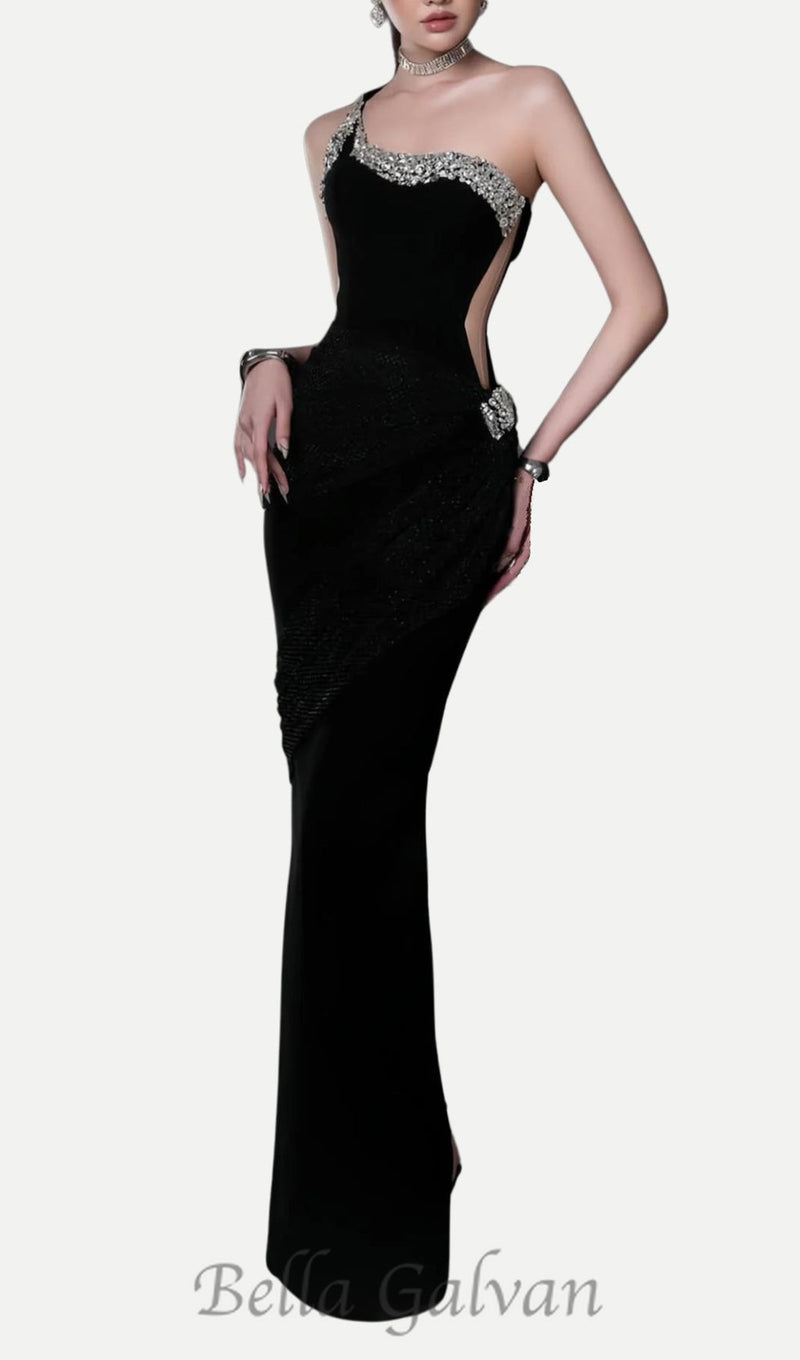 black one-shoulder diamonds bandage maxi dress