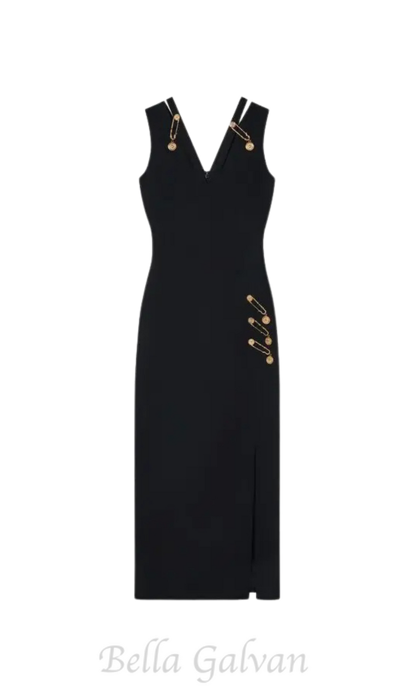 v-neck Pin-embellished maxi Dress in black