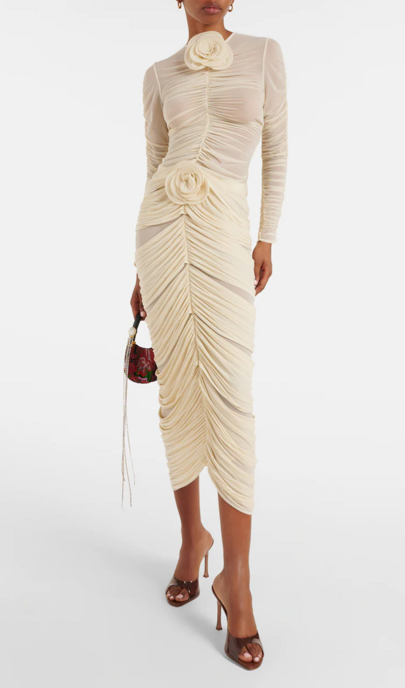 Floral-appliqué ruched skirt set in beige