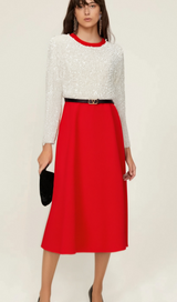 Chloé red long-sleeve sequined patchwork midi dress