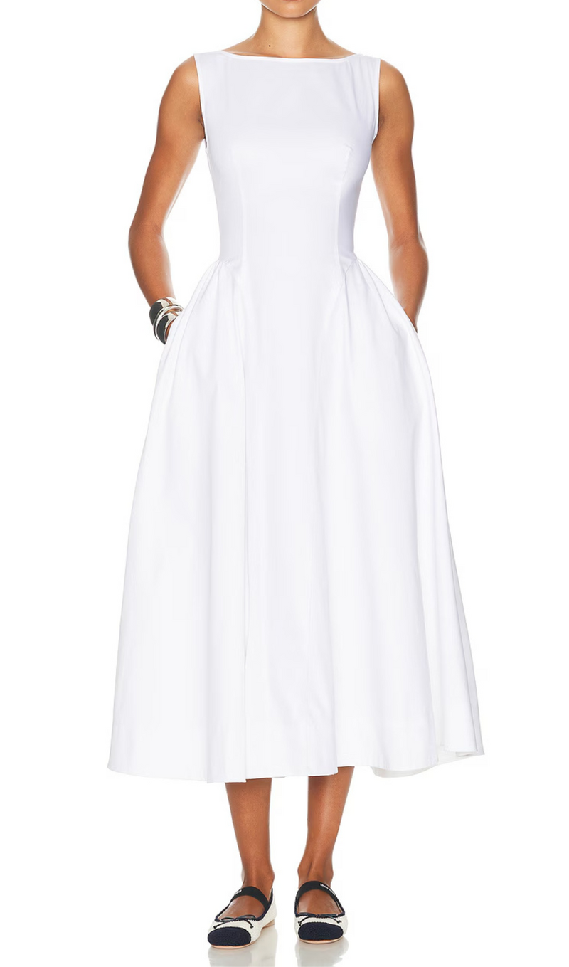 Stretch Cotton Sateen Midi Dress in white