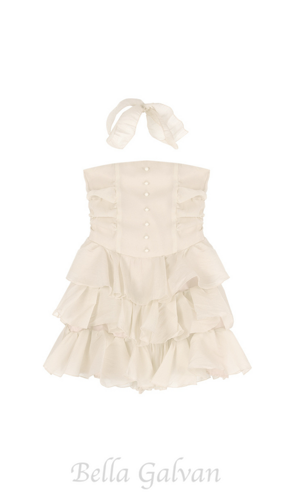 JANICE STRAPLESS RUFFLE MINI CHIFFON DRESS IN BEIGE