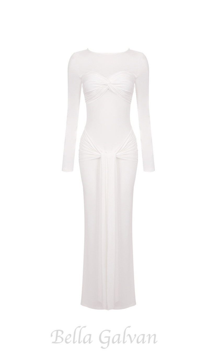 Round neck ribbon knot maxi dress in white