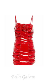 Shiny Pleated 3D Flower mini Dress in red