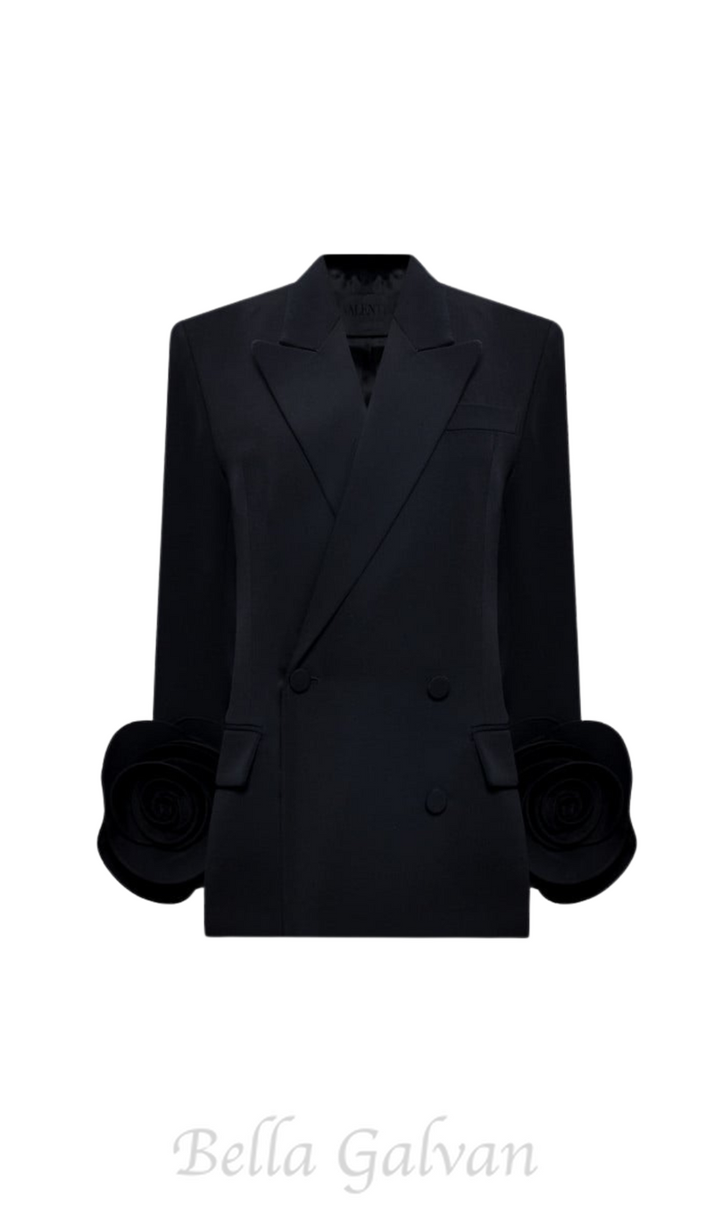 BELLA BLACK DOUBLE-BREASTED WOOL JACKET WITH FLORAL APPLIQUÉ