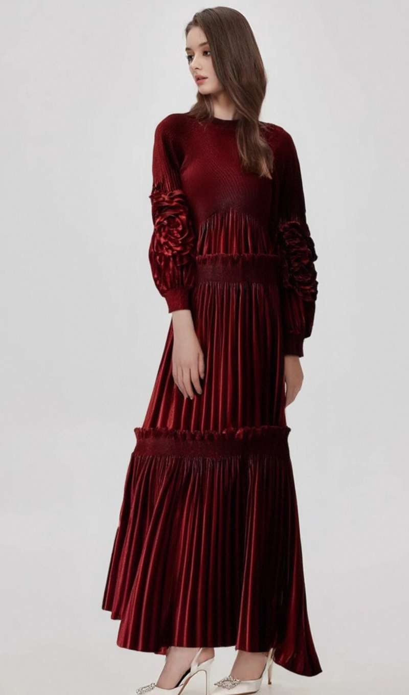 Donna red floral-appliqué pleated velvet midi dress