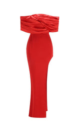 Sophia Off Shoulder Ruched Maxi Slit Dress in red