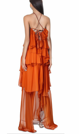 Carrie orange halterneck flounced maxi dress