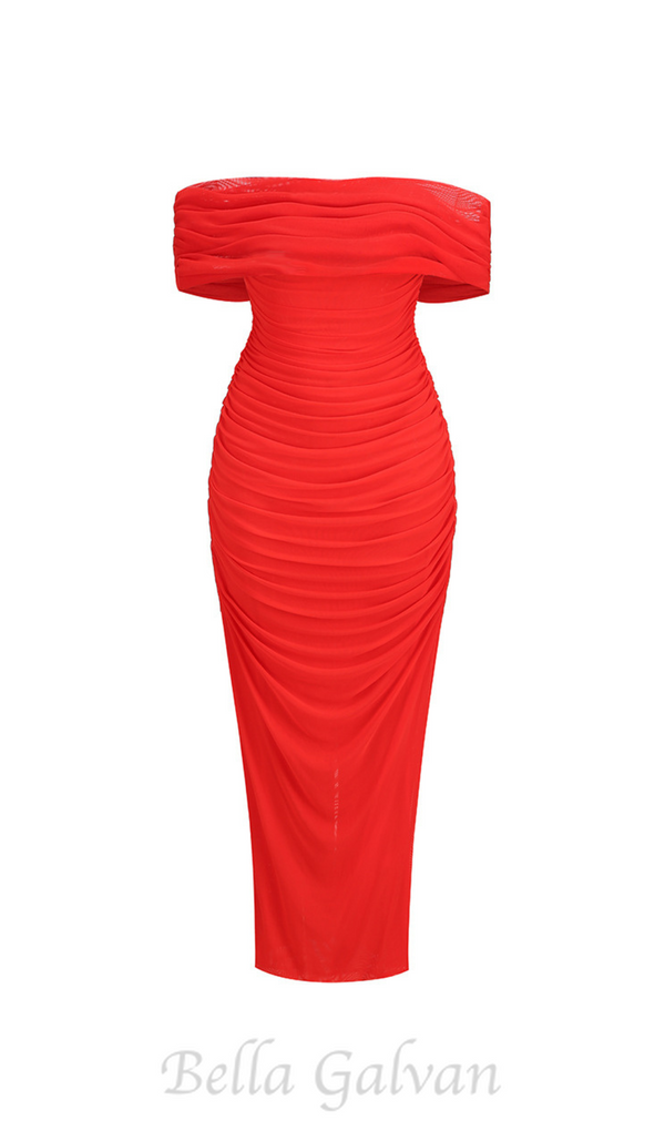 SHERRY OFF-SHOULDER TULLE BANDAGE MAXI DRESS IN RED