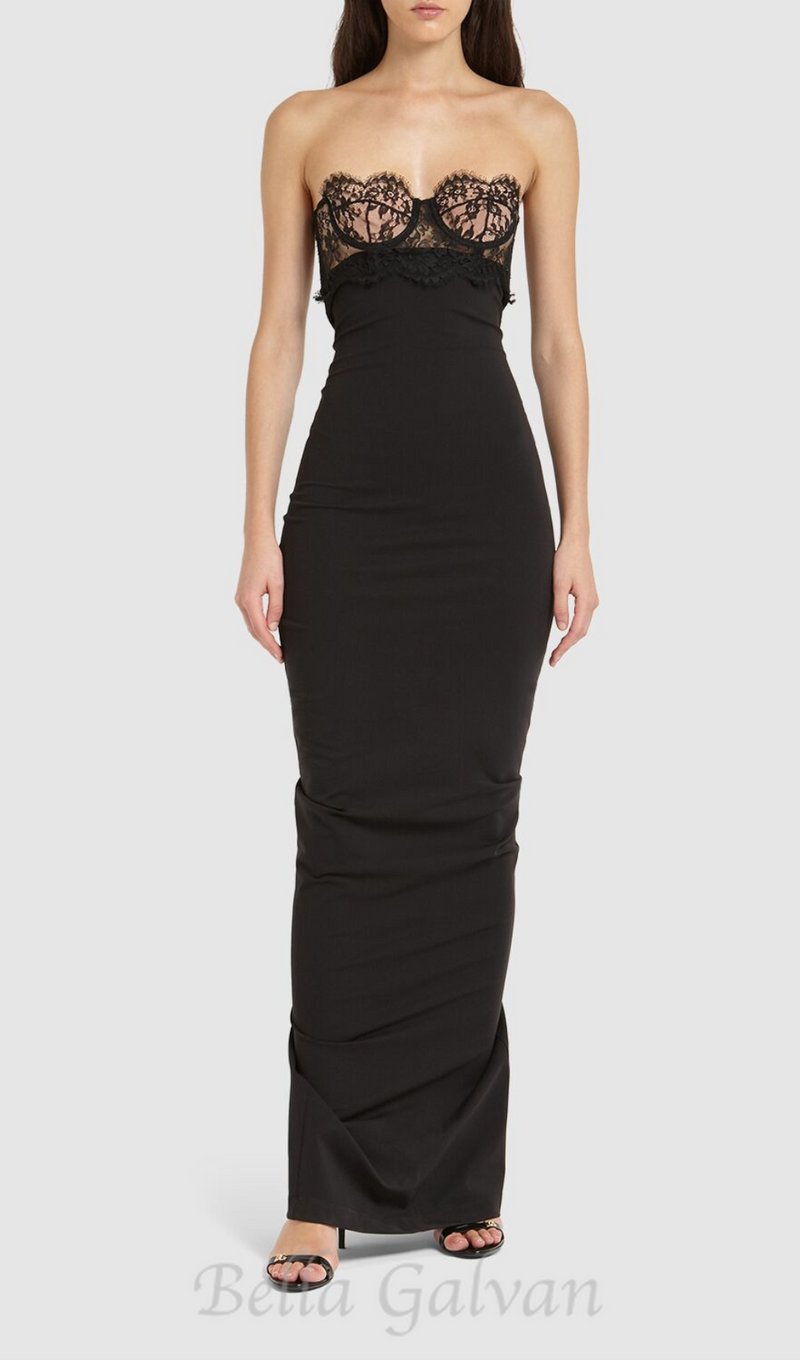 GWENDOLYN STRETCH JERSEY STRAPLESS MAXI DRESS IN BLACK