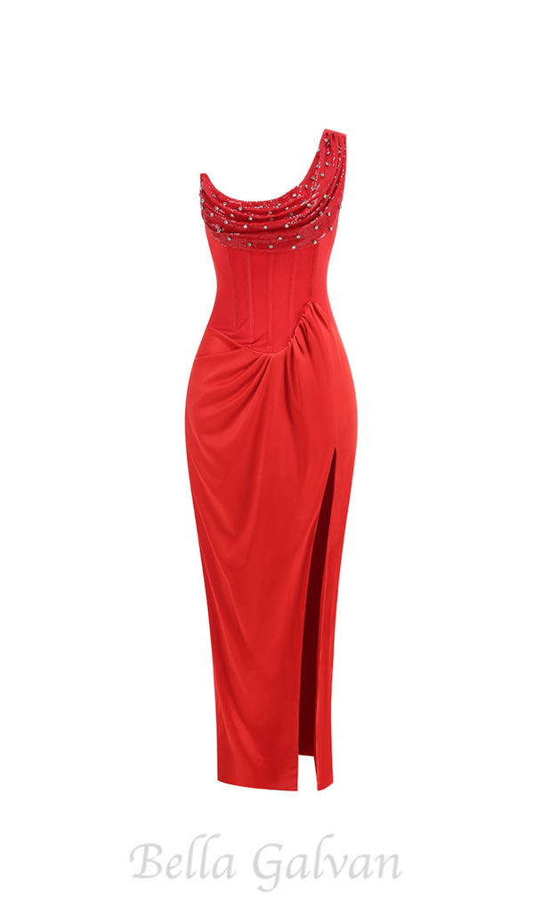 ELMA ONE-SHOULDER CRYSTAL DETAIL HIGH SLIT MAXI DRESS IN RED