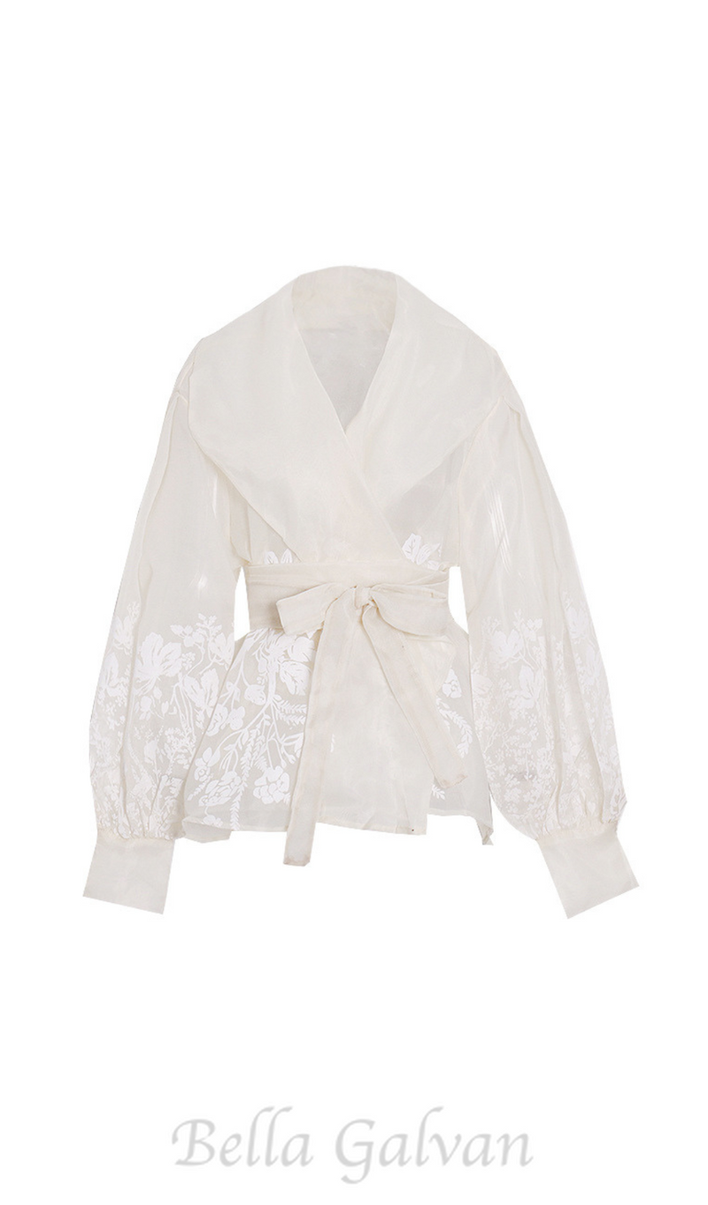 lantern sleeve embroidery shirt jacket in white